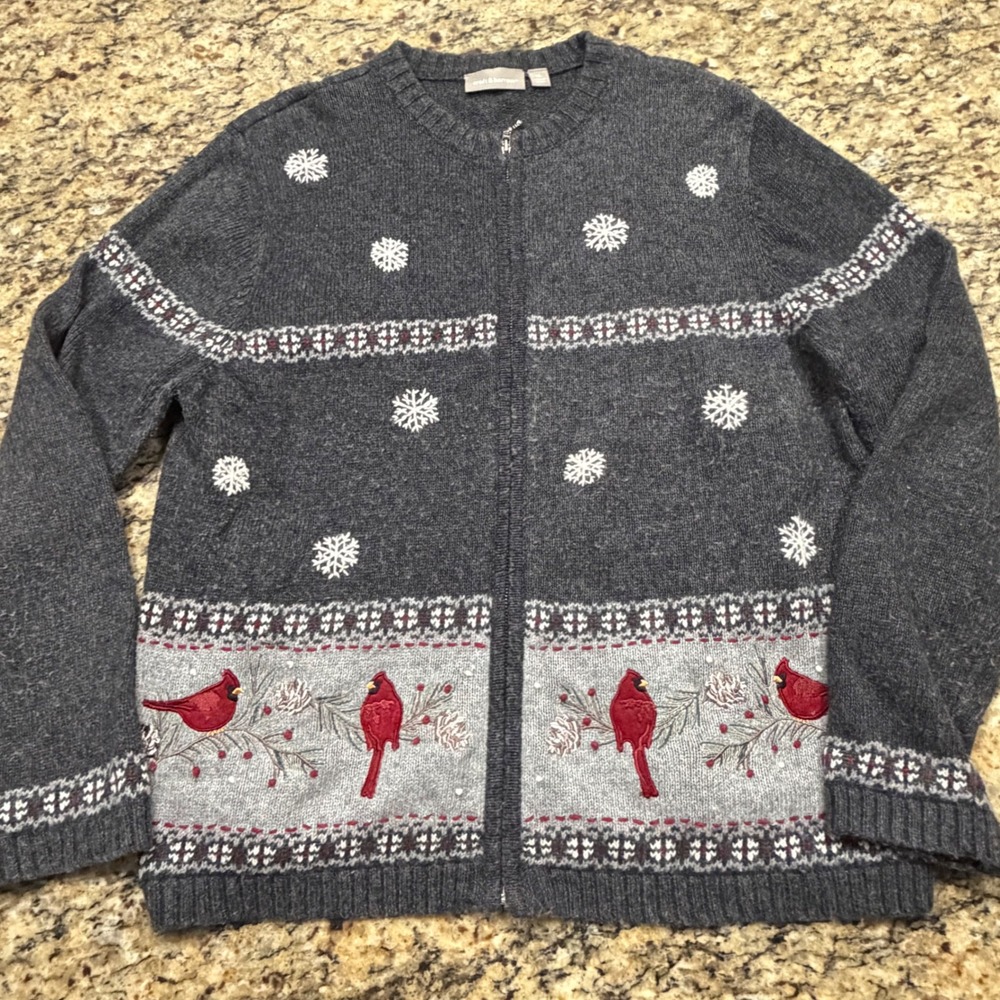 Croft & Barrow Womens XL Gray Cardinal Snowflake Zip Front Cardigan Sweater